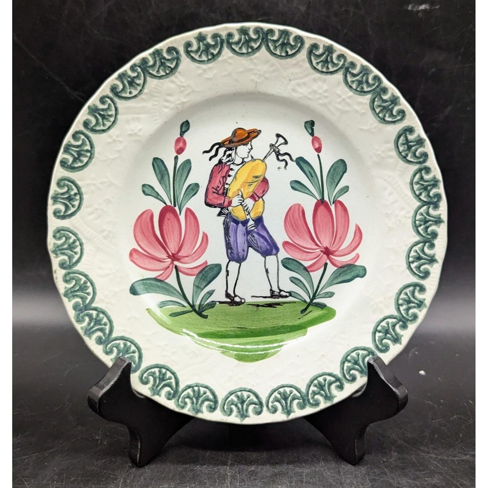 Antique Saint Amand French Faience Embossed Plate Hand Painted 8"